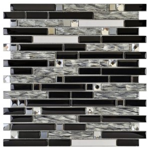 Mosaik Glas & Stein Crystal Black Brick, 30x30 cm, für Innenräume. Schwarze, graue und silberne Optik.