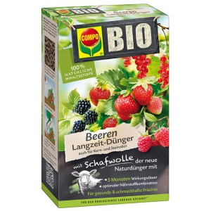 Compo Bio Beeren Langzeitdünger mit Schafwolle, 2 kg Packung. Beerendünger für gesunde Pflanzen und schmackhafte Früchte.