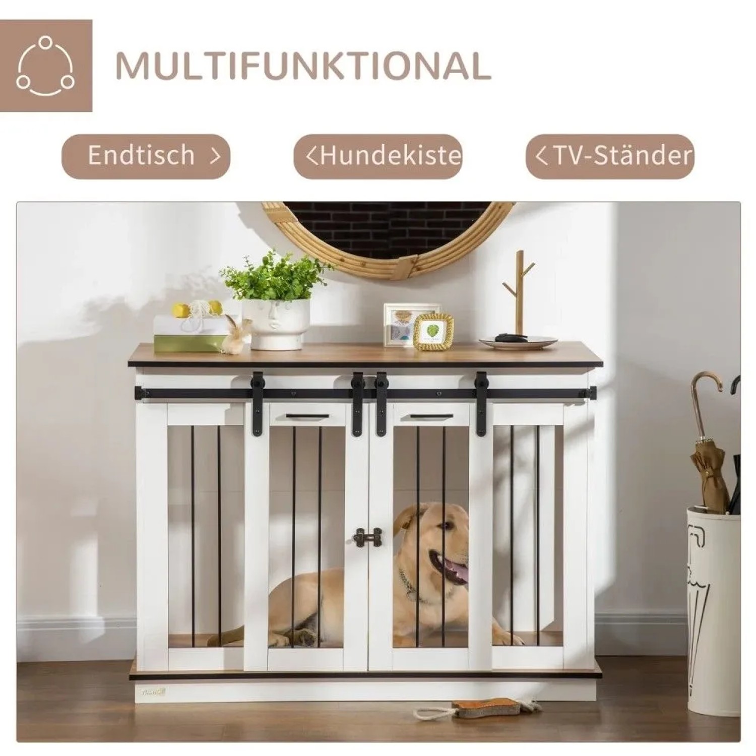 Multifunktionaler weißer PawHut Hundekäfig aus MDF/Stahl mit Holzplatte, als Beistelltisch dekoriert. Ein Hund liegt entspannt darin.