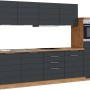 Moderne Küchenzeile in Grau-Wotaneiche Optik mit E-Geräten. Die Held Möbel Küche ist 300 cm breit.