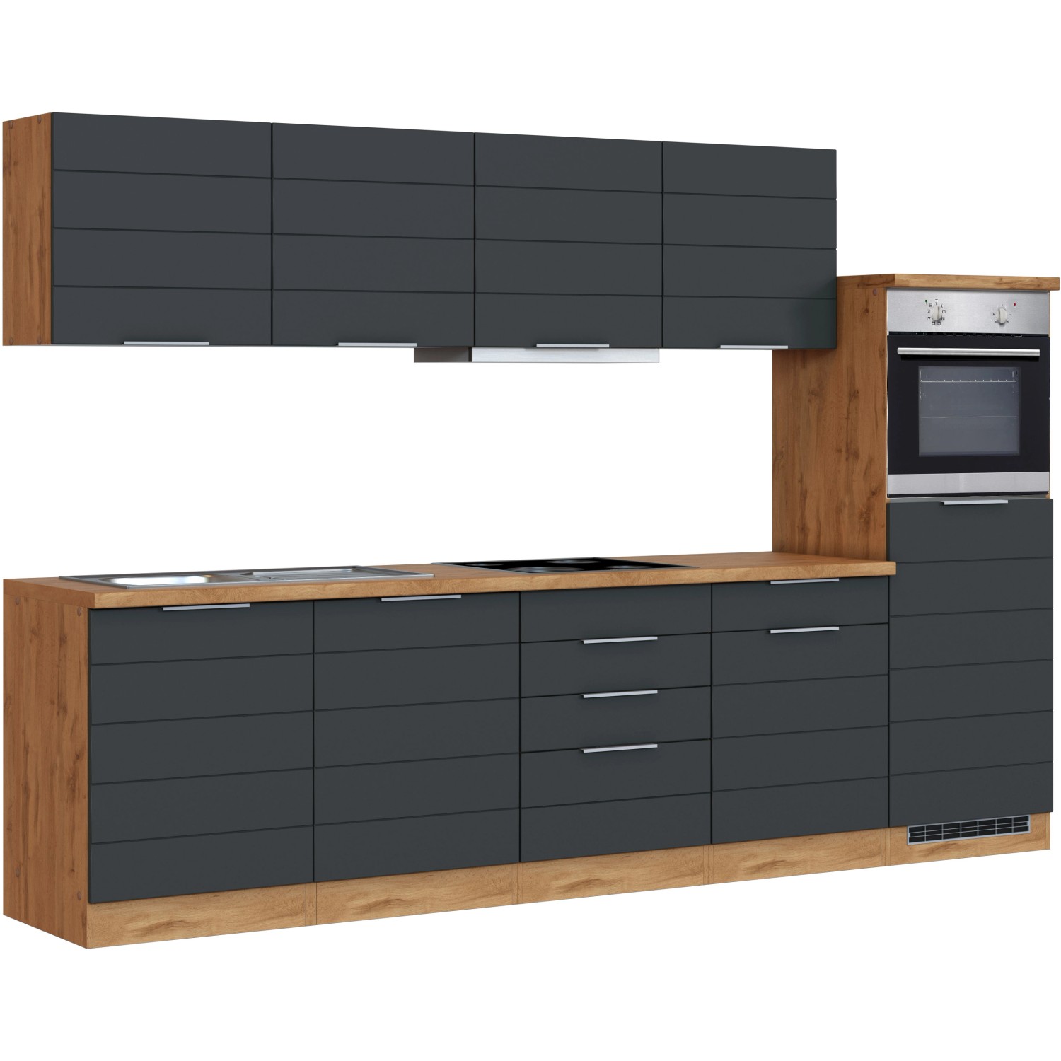 Moderne Küchenzeile in Grau-Wotaneiche Optik mit E-Geräten. Die Held Möbel Küche ist 300 cm breit.