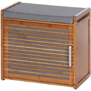 Wenko Schuhschrank Bahari aus Bambus mit grauer Sitzfläche und Stauraum für Schuhe.
