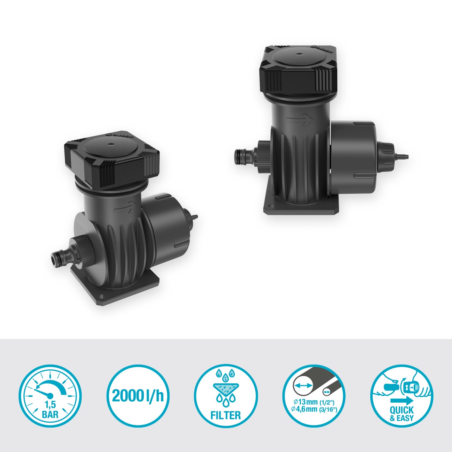 Gardena Basisgerät 2000 für Micro-Drip-Systeme, reduziert Wasserdruck, flexibel einsetzbar.