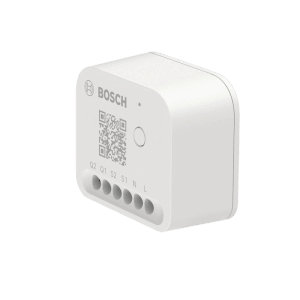 Weißes Bosch Smart Home Modul für Rollladen- und Lichtsteuerung mit Anschlüssen und QR-Code.