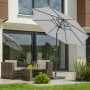 Schneider Marktschirm, Ø 270 cm, silbergrau, mit Kurbel, auf Terrasse mit Gartenmöbeln.