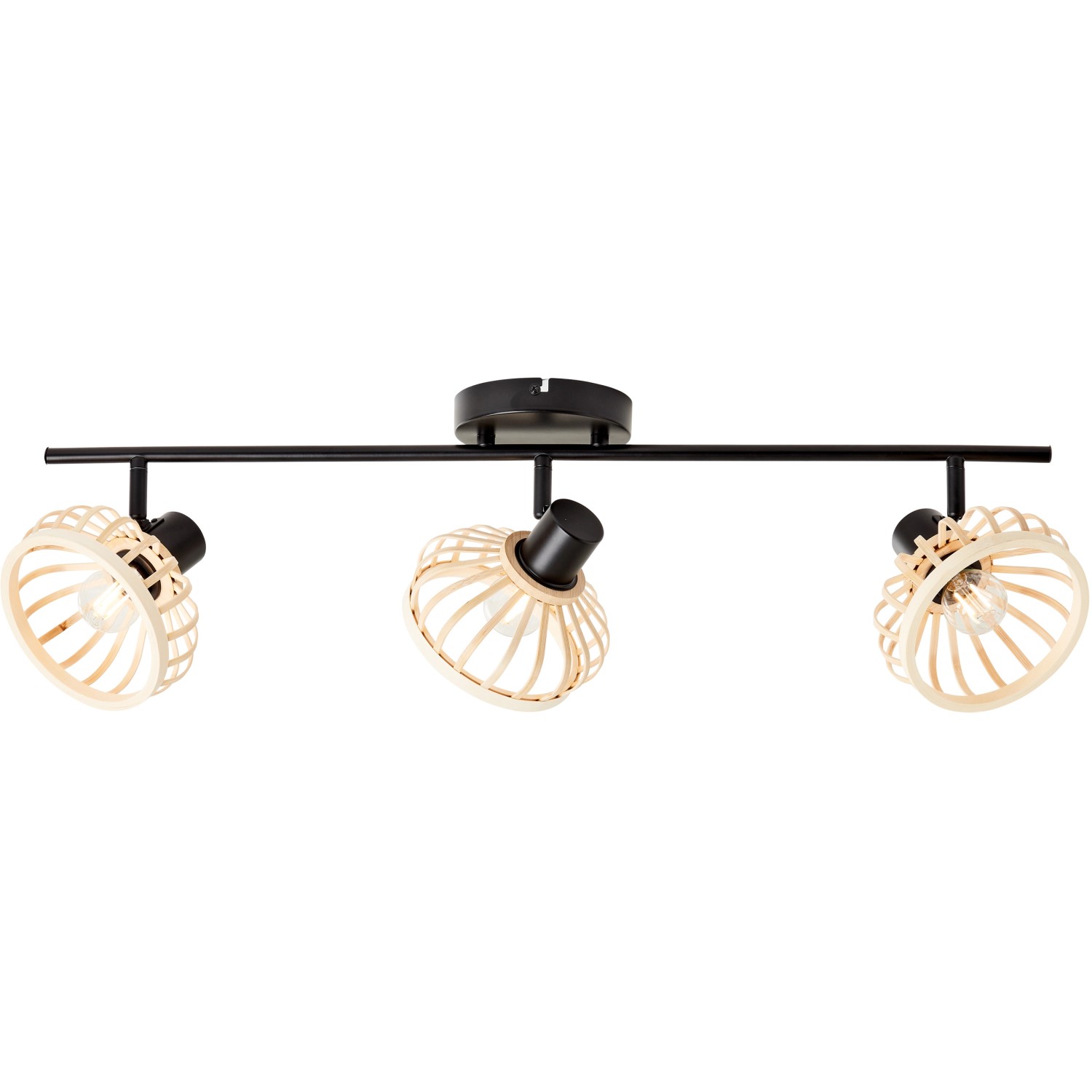 Brilliant Spotbalken Norah, 3-flammig, schwarz/natur, mit Bambusschirmen. Deckenleuchte für Innenräume.