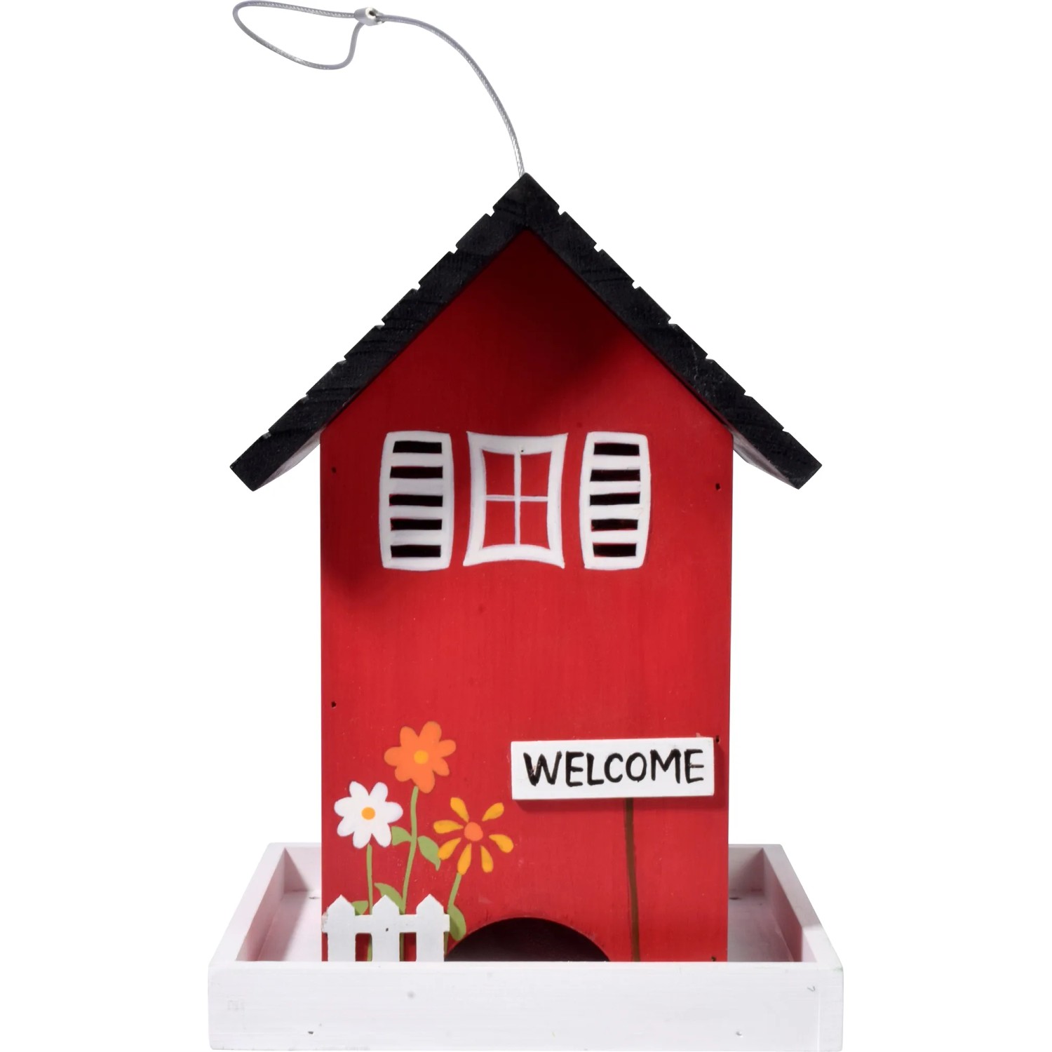 Rotes Dobar Vogelhaus Ambiente mit schwarzem Dach, Blumen und "Welcome" Schild. FSC®-zertifiziert.
