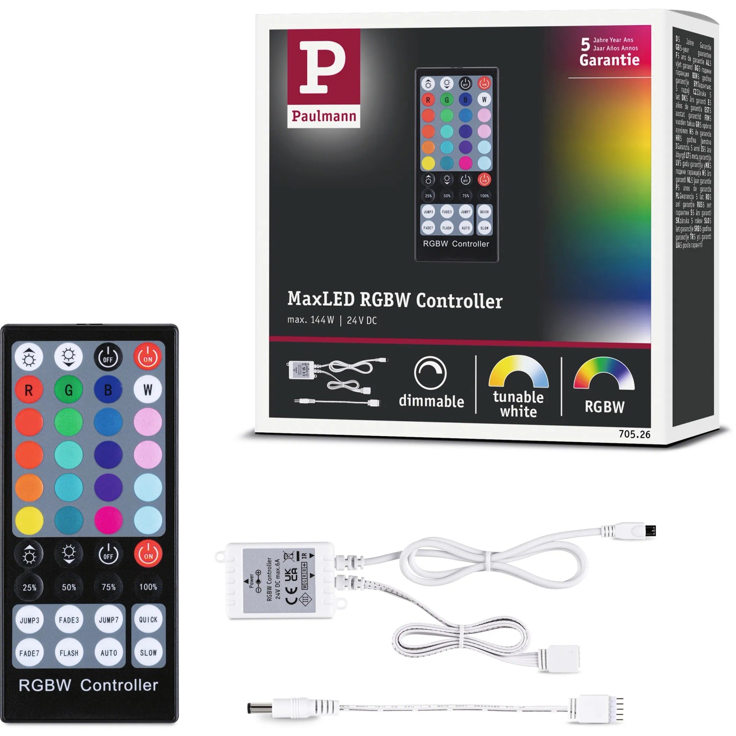 Paulmann MaxLED RGBW Controller 144W mit Fernbedienung und Zubehör.