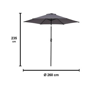 Grauer Sonnenschirm mit Maßangaben (Höhe 235 cm, Durchmesser 260 cm) für die Townsville Sitzgruppe.