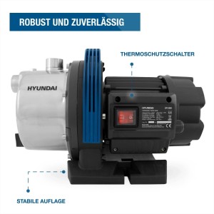 HYUNDAI Gartenpumpe GP12050, silber-schwarz, mit blauem Lüfter und rotem Schalter. Robuste Elektro-Pumpe für Hauswasserwerke.