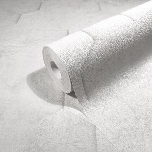 Weiße Marburg Vliestapete mit grafischem Muster, Rolle teilweise abgerollt.