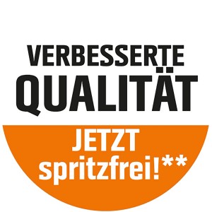 Symbol für verbesserte Qualität und Spritzfreiheit der OBI Arcticweiss Plus Wandfarbe.
