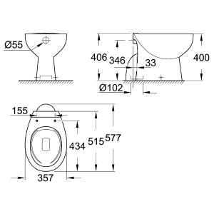 Technische Zeichnung des Grohe Tiefspül-Stand-WC Bau Keramik in Alpinweiß mit Maßangaben.