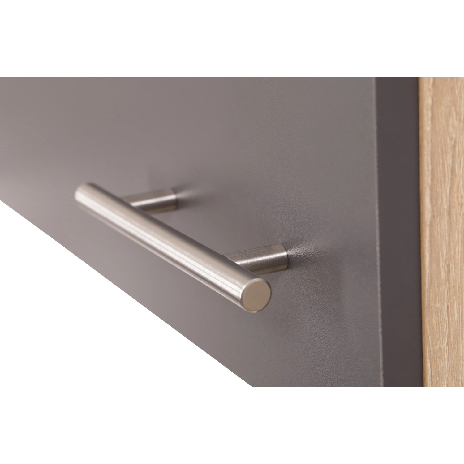 Detailaufnahme: Grauer Respekta Oberschrank Merle mit Metallgriff. Küchen-Hängeschrank.