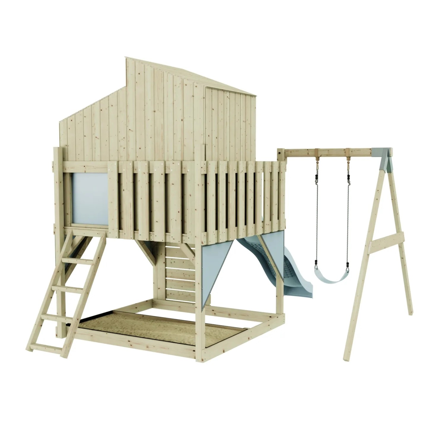PolarPlay Kinderschaukel Lotta Eisblau mit Spielturm, Rutsche und Kletterwand.
