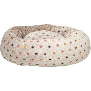 Beiges, rundes Jollypaw Hundebett Julien (ø 50 cm) mit bunten Punkten. Gemütliches Hundekissen für kleine Hunde.