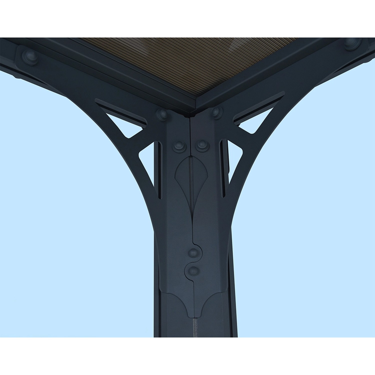 Detailansicht des anthrazitfarbenen Palram Canopia Milano Gartenpavillons mit LED-Set.