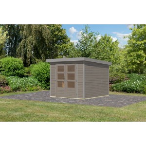 Karibu Gartenhaus Diego 3,5 D in Wassergrau/Graualuminium mit Doppeltür und Flachdach.