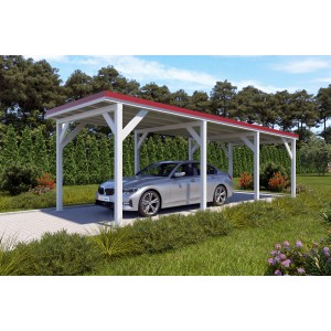 Holzbrüder Einzelcarport Ralf, reinweiß mit rotem Blechdach, Auto steht im Carport.