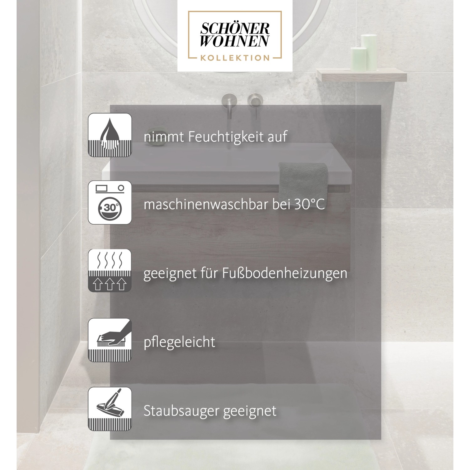 Detailansicht: Schöner Wohnen Badmatte Bali, 40x60 cm, weiß, mit Icons zu Produkteigenschaften.