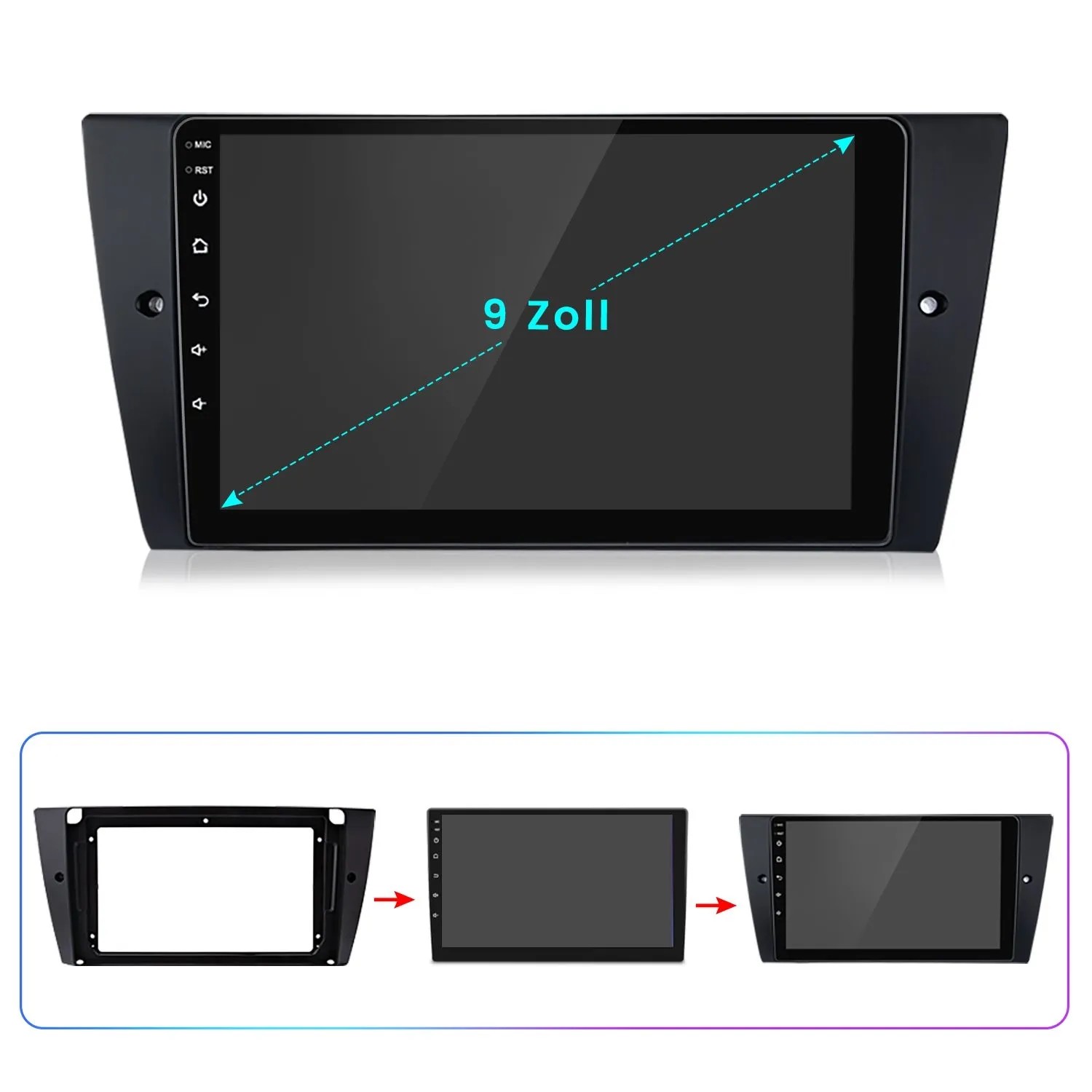 Schwarzes 9 Zoll Autoradio mit Touchscreen für BMW E90 E91 E92. Zeigt das Gerät und die Installation.