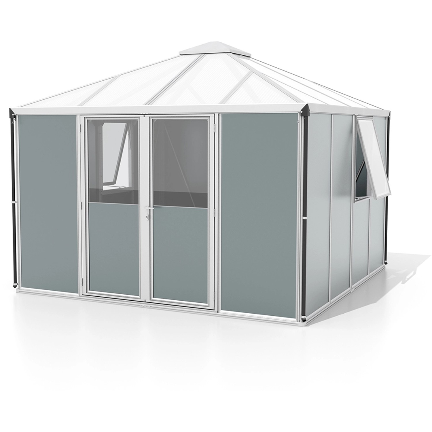 Vitavia Gerätehaus Universum Alu, 10,2 m², mit Zeltdach, breiter Eingangstür und Fenster.