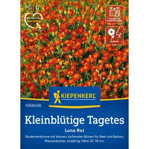 Kiepenkerl Saatgut Kleinblütige Tagetes Luna Rot: Packung mit roten Studentenblumen.
