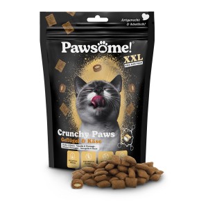 Pawsome Crunchy Paws Huhn & Käse Katzenleckerli, 150g Packung mit Katzenmotiv und Snacks.