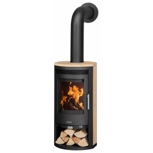 Justus Baltrum 2.0 Kaminofen mit Sandstein-Verkleidung, 5,5 kW, mit Holzscheiten im unteren Fach.