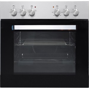 Flex-Well Einbauherd aus dem Küchengeräte-Set mit schwarzer Ofentür und silberfarbener Blende.