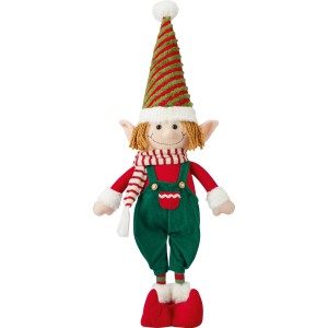 Stehender Elfenjunge als Weihnachtsfigur, 59,5 cm, aus Polyester, mit rotem Oberteil, grünem Overall und gestreifter Mütze.
