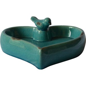 Vogeltränke Herz mit Vogelfigur 9,5 cm x 23,5 cm x 25 cm Türkis