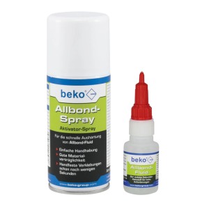beko Allbond Reaktionsklebstoff Fluid 20g und Aktivator-Spray 150ml Set. Transparent für glatte Untergründe.