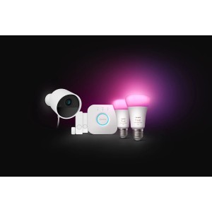 Philips Hue Secure Kamera Set Weiß mit Bridge, 2 Lampen und 2 Sensoren für smarte Videoüberwachung.