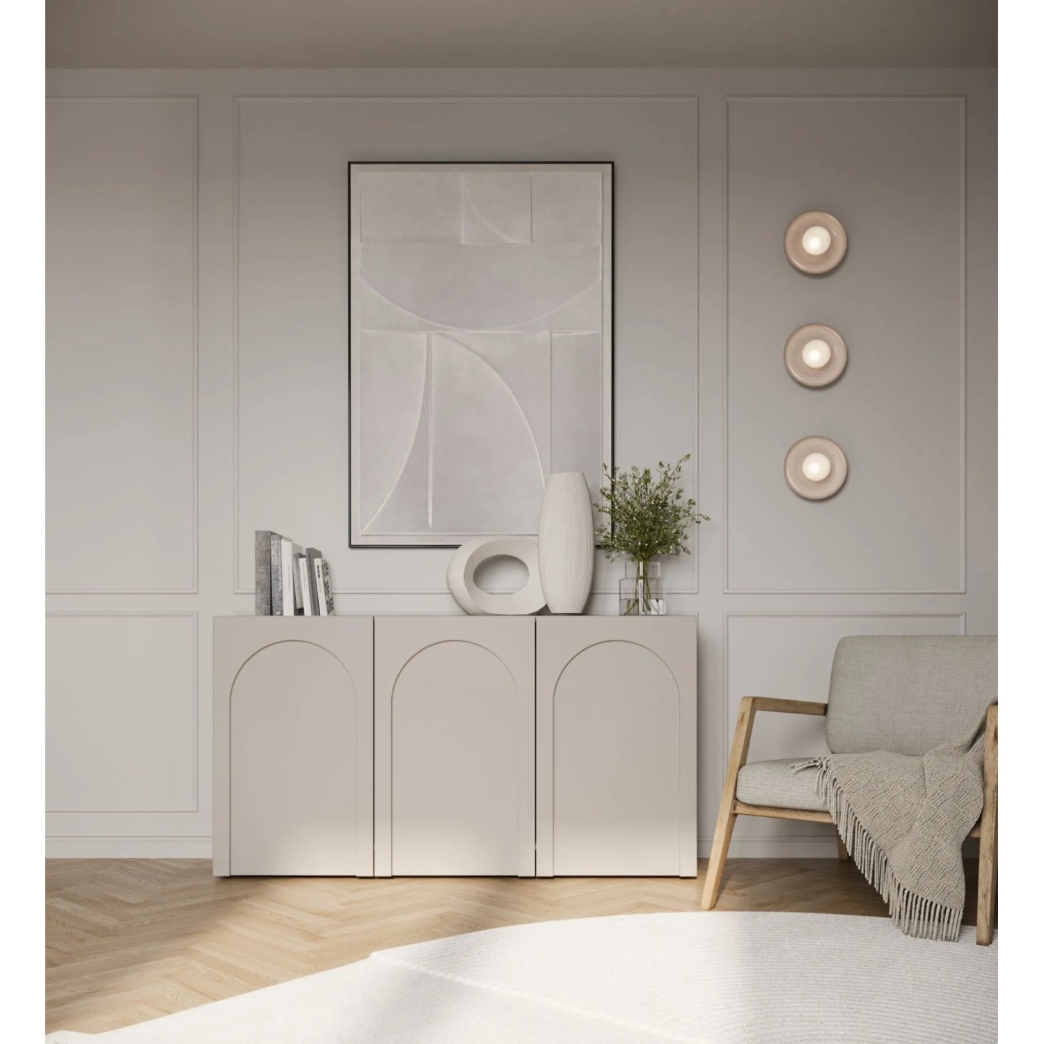 Selsey Sideboard Arkadia, dreitürig, graubeige, mit bogengefrästen Fronten im modernen Wohnzimmer. 150 cm breit.