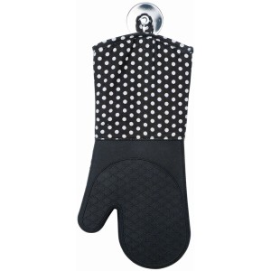 Schwarzer Wenko Topfhandschuh aus Silikon mit weißen Punkten, Küchenhelfer für heiße Töpfe.