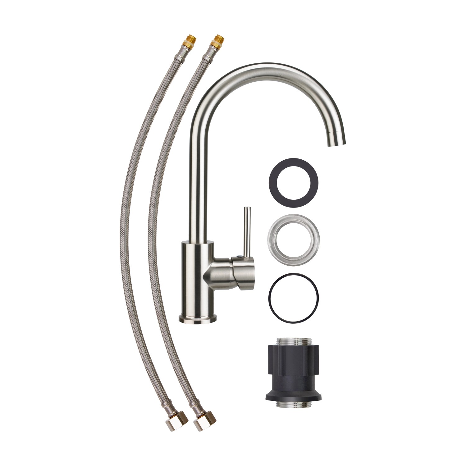 baliv Küchenarmatur KI-1832 in Edelstahloptik mit Zubehör wie Schläuche und Dichtungen.