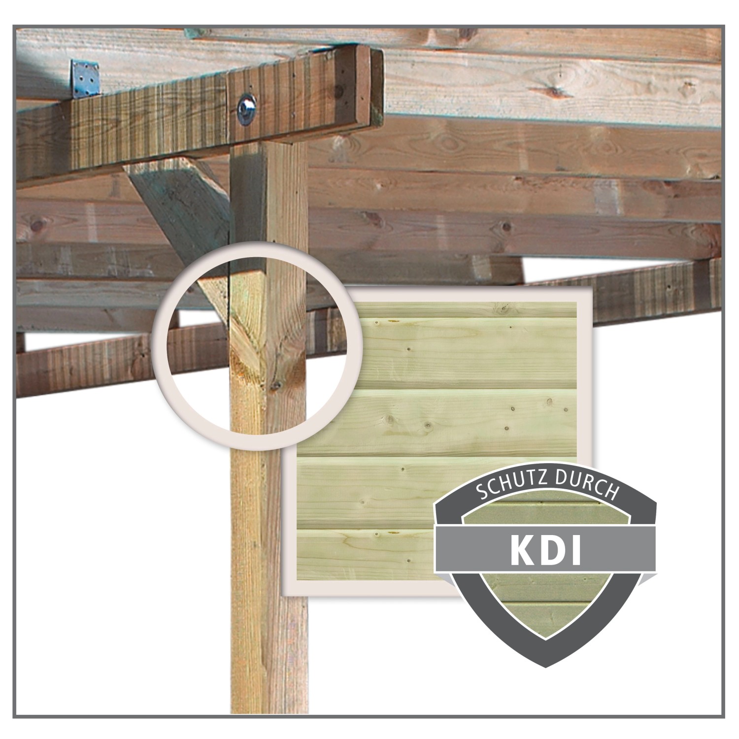 Detailansicht Karibu Einzelcarport Eco: Holzpfosten, Dachkonstruktion und KDI-Schutz.