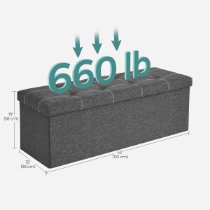 Graue Songmics Sitzbank mit Stauraum, 110x38x38 cm, belastbar bis 300 kg.
