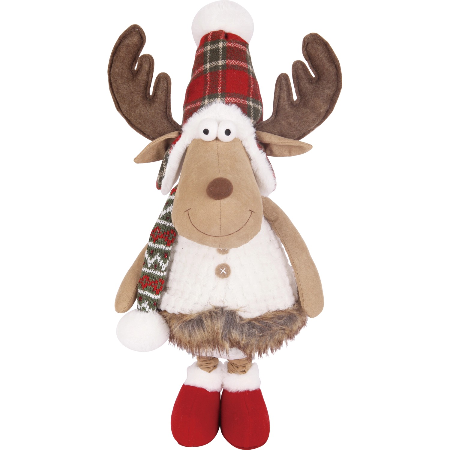 Stehendes Stoff-Rentier in Rot und Grün als Weihnachtsdekoration, 113 cm hoch.