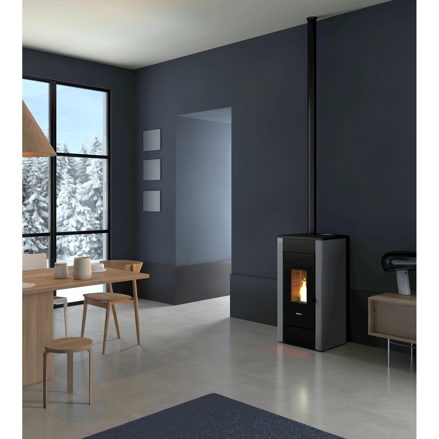 Freepoint Pelletofen Shar, Stahl titangrau, 7 kW im modernen Wohnraum.