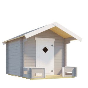 Lasita Maja Kinderspielhaus Pinocchio in Lichtgrau, Holz, mit weißer Tür, Rautenfenster und kleiner Terrasse für den Garten.