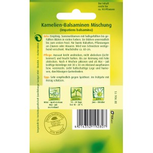 Samentüte Quedlinburger Kamelien-Balsamine Mischung für farbenfrohe Sommerblumen.