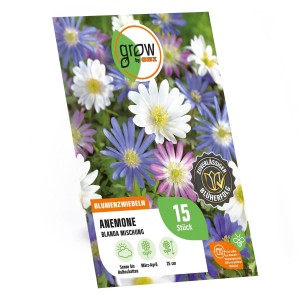 Verpackung GROW by OBI Anemone blanda Mischung, Blumenzwiebeln mit weißen, blauen und rosa Blüten.