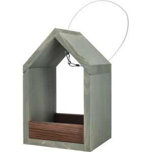 Moosgrau-braunes Vogelhaus aus Holz mit Aufhängung für Meisenknödel. 27x17x14cm.