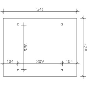 Skizze Carport Odenwald: 428x541 cm, gerade Kopfbänder. Maßangaben für Fundament und Pfosten.