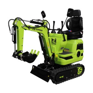Zipper Benzin-Minibagger ZI-MBG600H, 6,8 kW, grüne Baumaschine mit Gummikette und Schaufel.