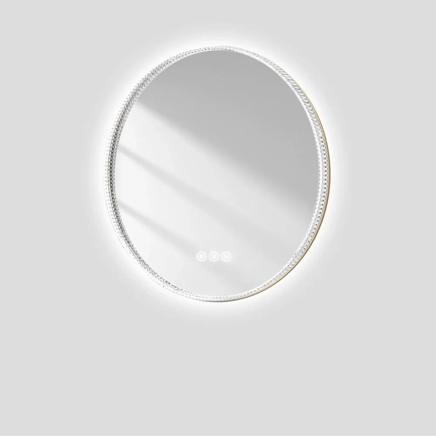 Runder Emke LED Badezimmerspiegel 60 cm mit goldenem Rand, dimmbar, Antibeschlag und Touch-Steuerung.