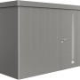 Biohort Gerätehaus Neo 1D in Quarzgrau-Metallic mit Standardtür. Metall Gerätehaus.