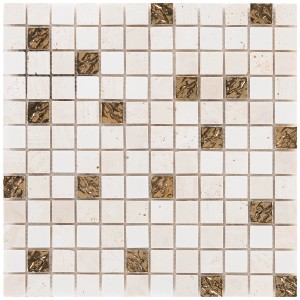 Mosaik Marmor Roma Gold, 30x30 cm, für den Innenbereich. Quadratische Mosaikfliesen in Beige und Gold.